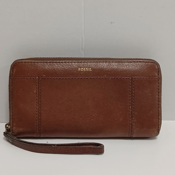 FOSSIL RFID JORI ZIP CLUTCH WRISTLET LEATHER WALLET BROWN - Picture 1 of 6